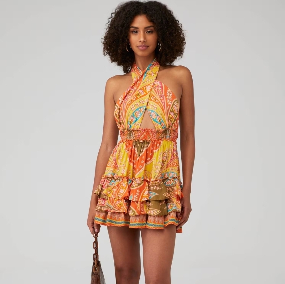 Agua Bendita Maona Lula Dress Orange Yellow Pink Green Halter Tiered Mini Medium